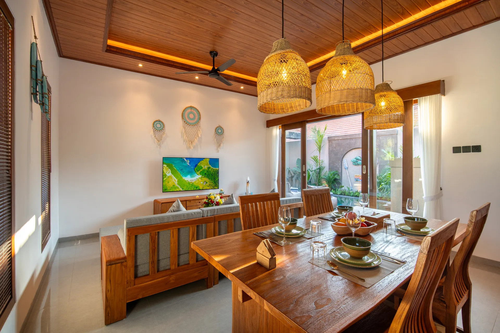 Dining table connected with living area