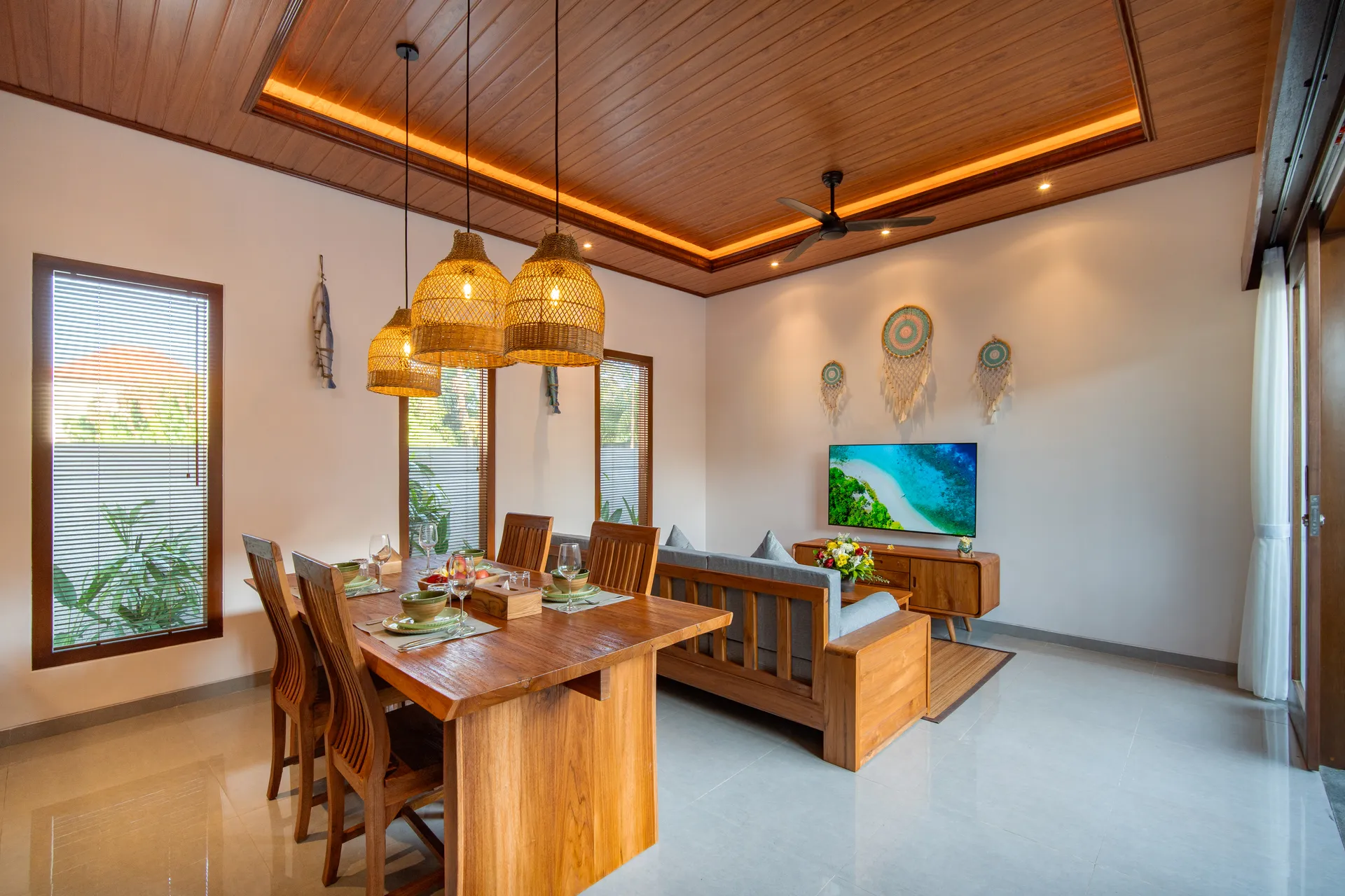 Dining table connected with living area