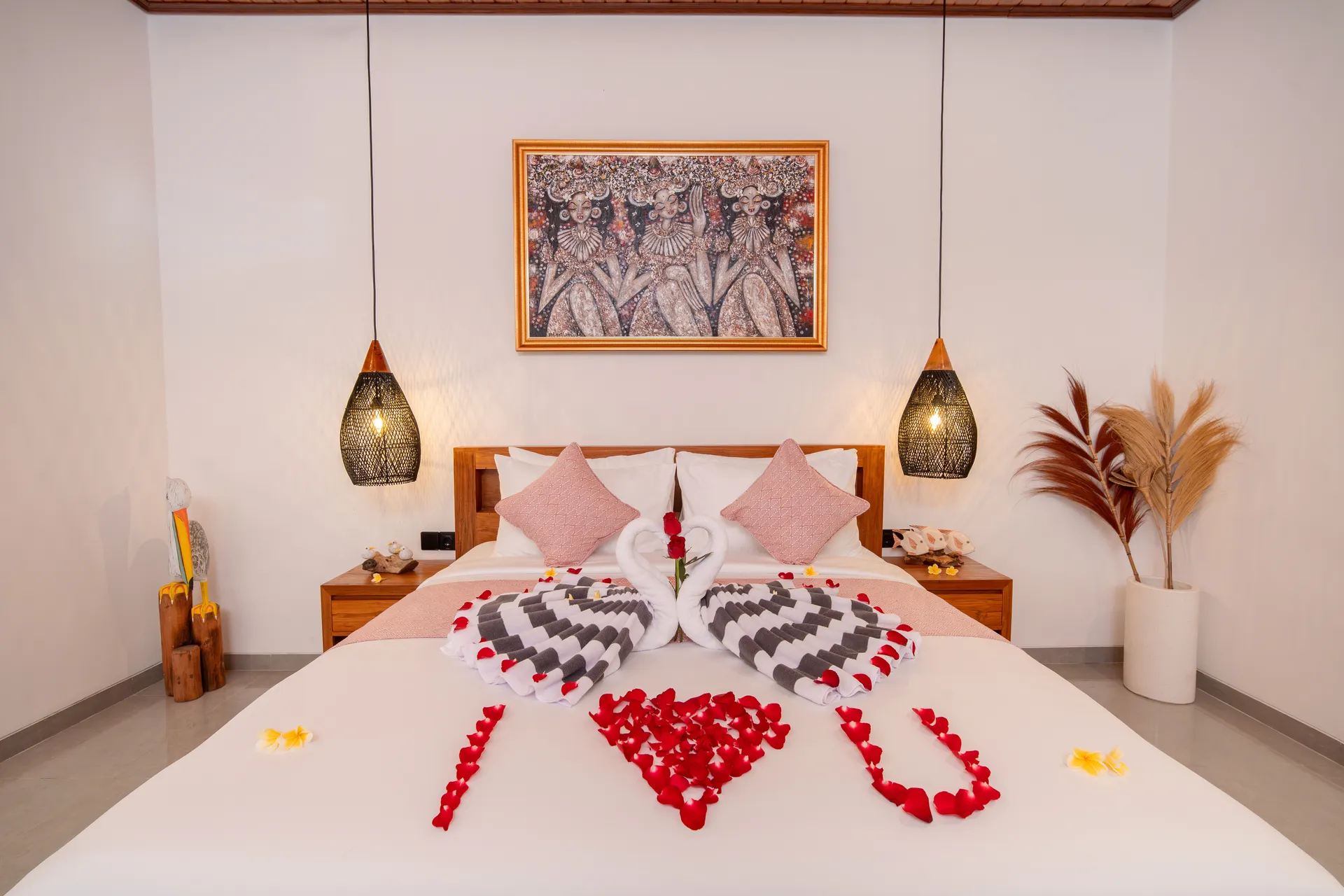 Romantic bedroom with rose petals